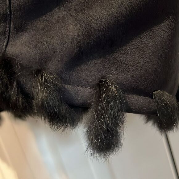 Jones New York Black Faux Suede‎ Real Rabbit Fur Trim Hooded Coat Size S - Picture 12 of 15